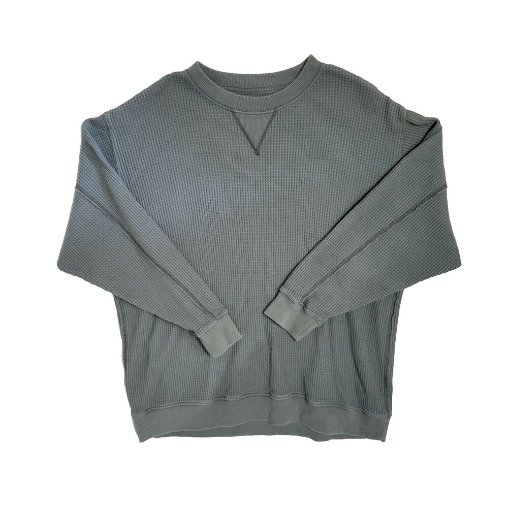 Aerie Oversized Waffle Knit Top L Teal Thermal Crewneck Slouchy Lounge Ski Cozy